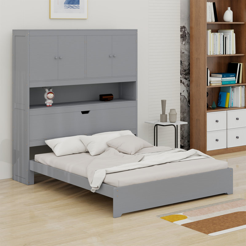 Lit plateforme en bois avec port USB, tête de lit et tiroirs de rangement, Gris