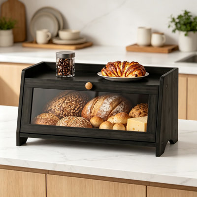 Large Capacity Wooden Bread Box for Kitchen Countertop, Farmhouse Bread Storage Container with Clear Window Doors for Homemade Bread, Bagels, Pastries, Pantry and Kitchen Organizer