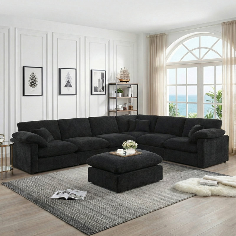 144" W U-shaped Chenille Sectional Sofa, Large 7-seater Corner Sectional, Black Chenille