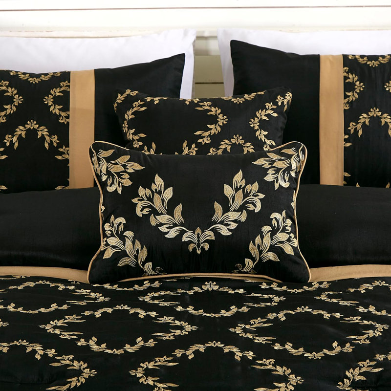 Queen Black and Gold Faux Silk Embroidered Comforter Set