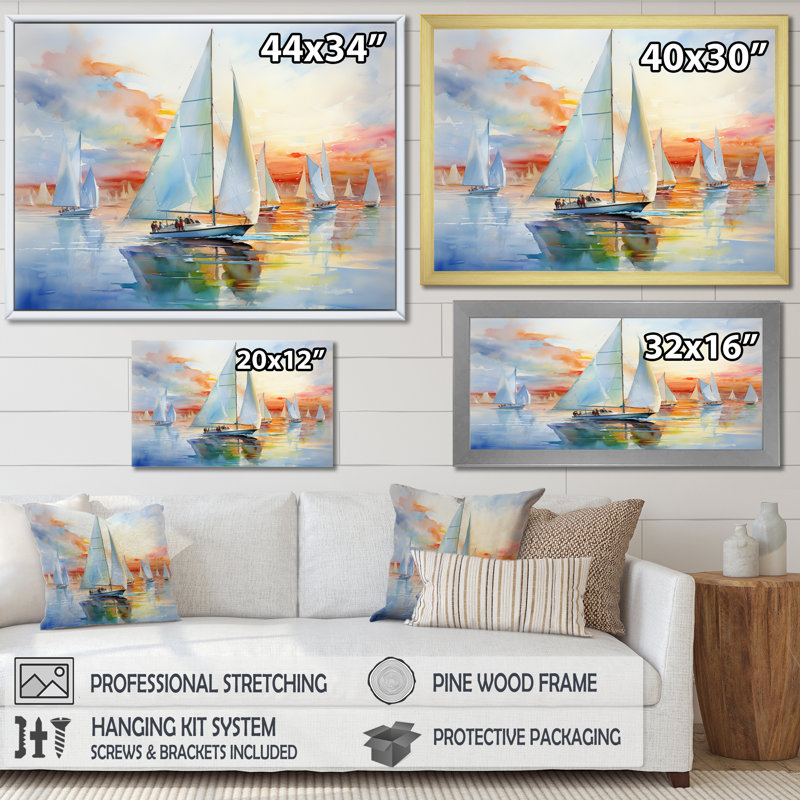 «Miminimlaism Watercolor Regatta II - Bateau à voile grand art mural», 12" H x 20" W, Cadre flottant blanc