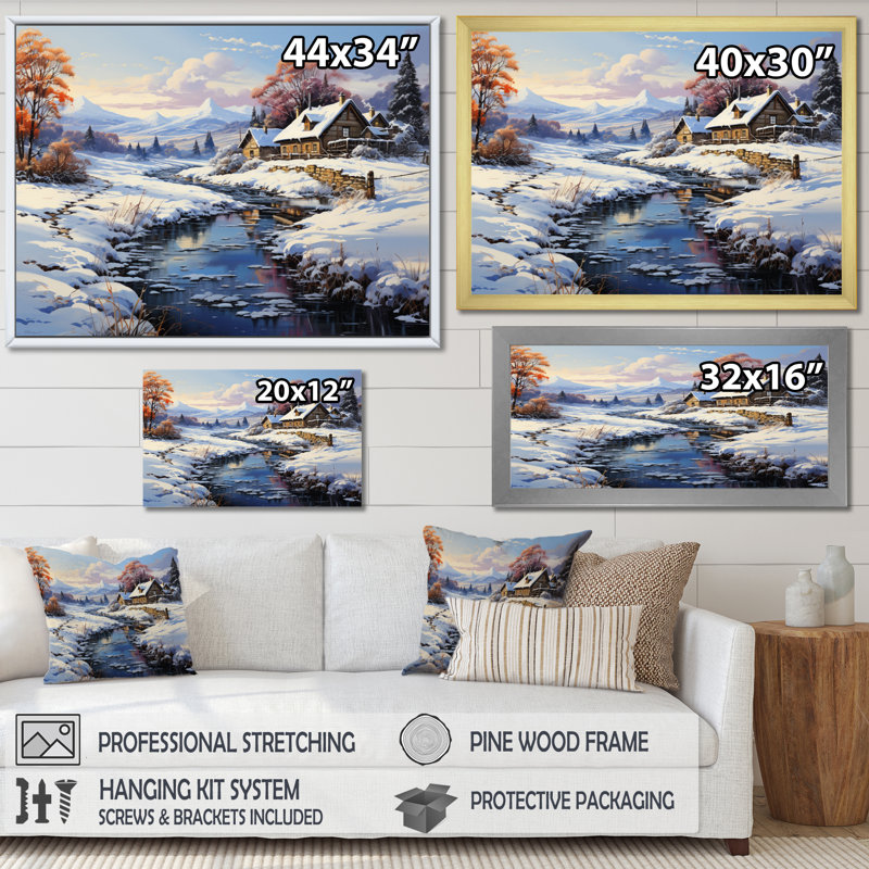 Winter Country Charm Landscape I, Cadre flottant blanc, H 16 po x l 32 po x P 1 po