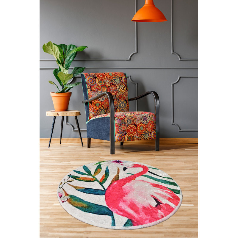 Tapis blanc / vert / rose Camilo, Rond 4 pi 7 po
