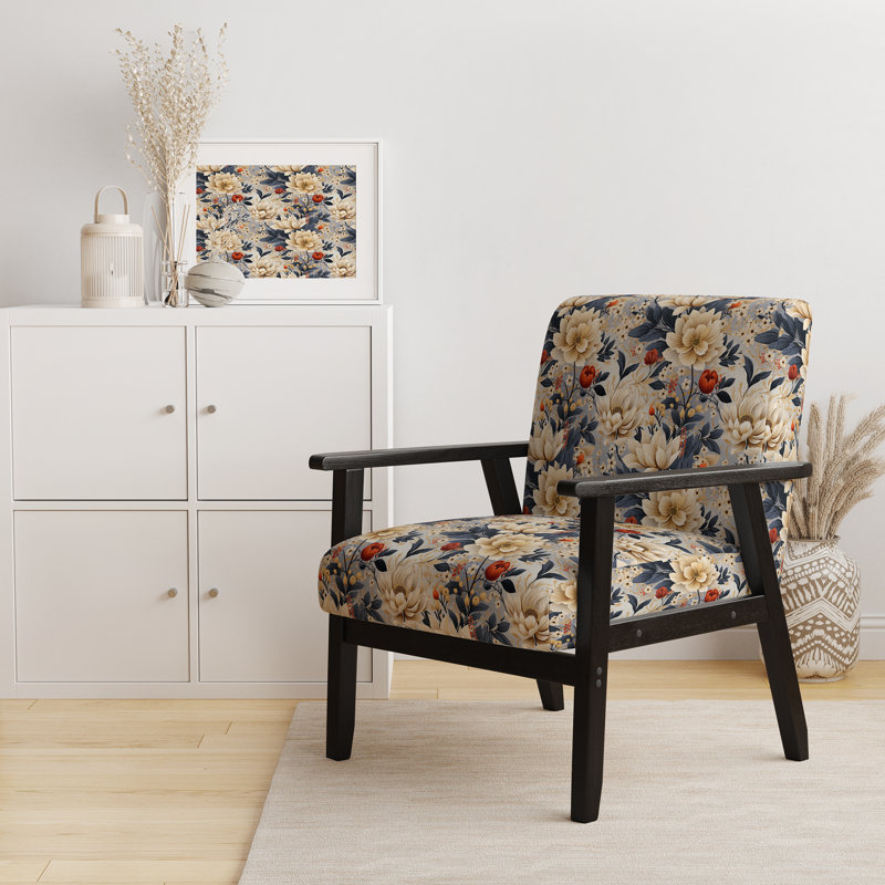 Motif de chrysanthèmes fleurs bleues et beiges - fauteuil rembourré de style campagnard, fauteuil d'appoint floral rustique