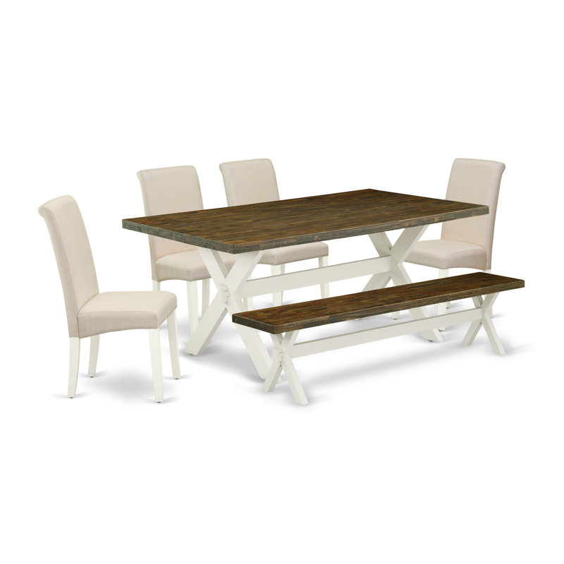 L'ensemble de salle à manger 6 pièces contient une table de salle à manger rectangulaire avec des pieds en X et 4 chaises Parson en lin crème avec banc, lin brossé blanc 