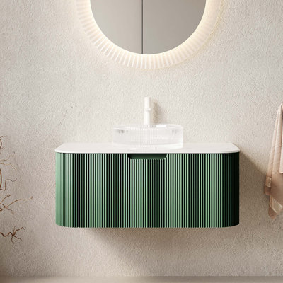 Meuble-lavabo flottant pré-assemblé avec rangement rayé et vasque en cristal