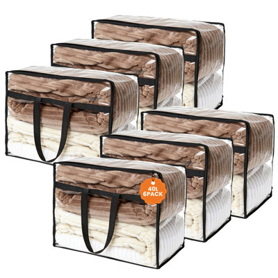 Lot de 6 boîtes de rangement transparentes et robustes à glisser sous le lit, avec double fermeture éclair – Boîtes pliables et imperméables en vinyle pour couvertures, vêtements et jouets – Organisateur anti-poussière et gain de place pour garde-robe et chambre d'étudiant – Noir