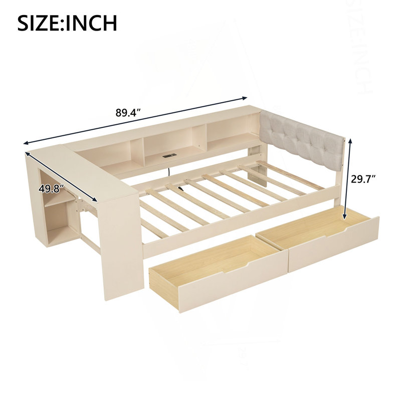 Lit plateforme simple en bois avec tablettes de rangement, tiroirs, station de charge et tête de lit tapissier, crème
