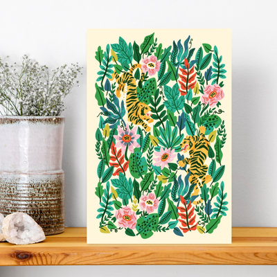 Playful Jungle Tigers Colorful Playful Vibrant Cat Tiger Nature Tropical Wall Art Print 1 Piece Wrapped Canvas Wall Art