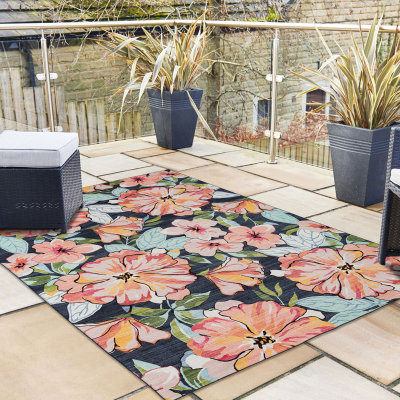Black Floral Synthetic Non-slip Outdoor Rug 5' x 7'