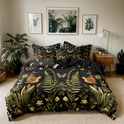 Forest Snail Botanical Microfiber Duvet Cover Set with Pillowcases, Digital Print Woodland Ferns and Moon Front on Black with Solid Black Back, Reversible Bedding, Twin Full Queen King, Comforter and Pillow Inserts Not Included