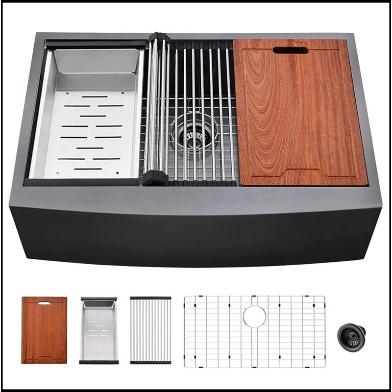 Farmhouse Kitchen Sink Matte Black Stainless Steel 33 In.Single Bowl Farmhouse Apron Workstation Kitchen Sink With Accessory Kit