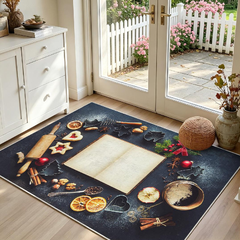 Tapis intérieur rouge lavable à la machine, motif Noël gourmandises avec livre et biscuits, Rectangle 39 po x 63 po
