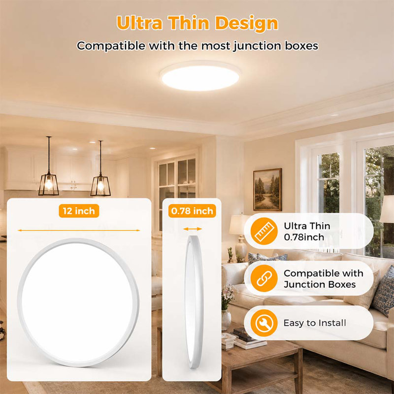 Plafonnier encastré 12 pouces DEL, plafonniers à température de couleur réglable 2700K-6500K 5 lumières, plafonnier à profil bas 24W 3200LM pour la cuisine de la chambre à coucher, couloir