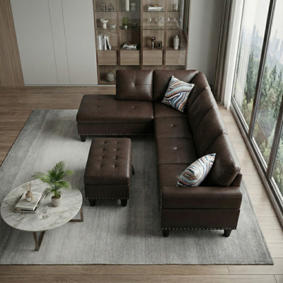 Brown Faux Leather Sectional With Storage Ottoman