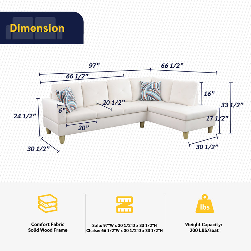 Aizleigh Upholstered L-Shaped Sectional, White Linen Blend, Right Hand Facing