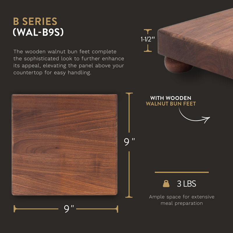 Planche à découper carrée en noyer grain de 1,5 po avec pieds en bois, l 9 po x L 9 po
