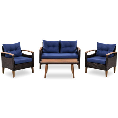 Mobilier de patio Pe - 4 pièces avec coussins confortables, table et pieds en bois, housse incluse, pieds réglables pour la stabilité, eau, 4 sièges ergonomiques pour l'extérieur, terrain accidenté épais