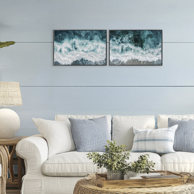 Ensemble de 2 giclées encadrées Hazy Water Waves, design par Lazar Studio, H 12 po x l 36 po, Giclée encadrée noir minuit