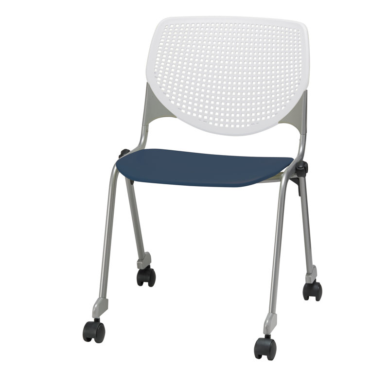 Chaise empilable en poly sans accoudoirs Kool, Avec des roulettes, Blanc / bleu marine