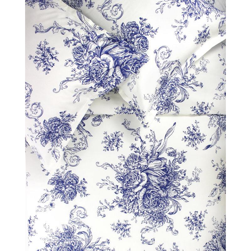 Benedictine Sateen Toile Duvet Cover, Twin/Twin XL Duvet Cover + 1 Standard Sham, Navy