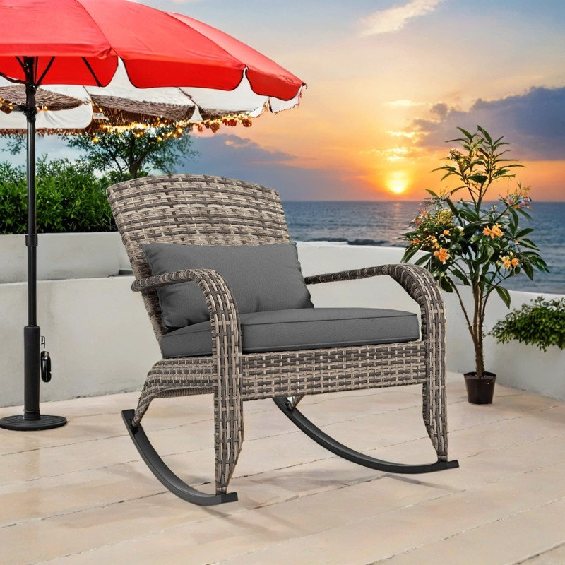 All-Weather Wicker Adirondack Rocking Chair with Cushions, Gray, Gray