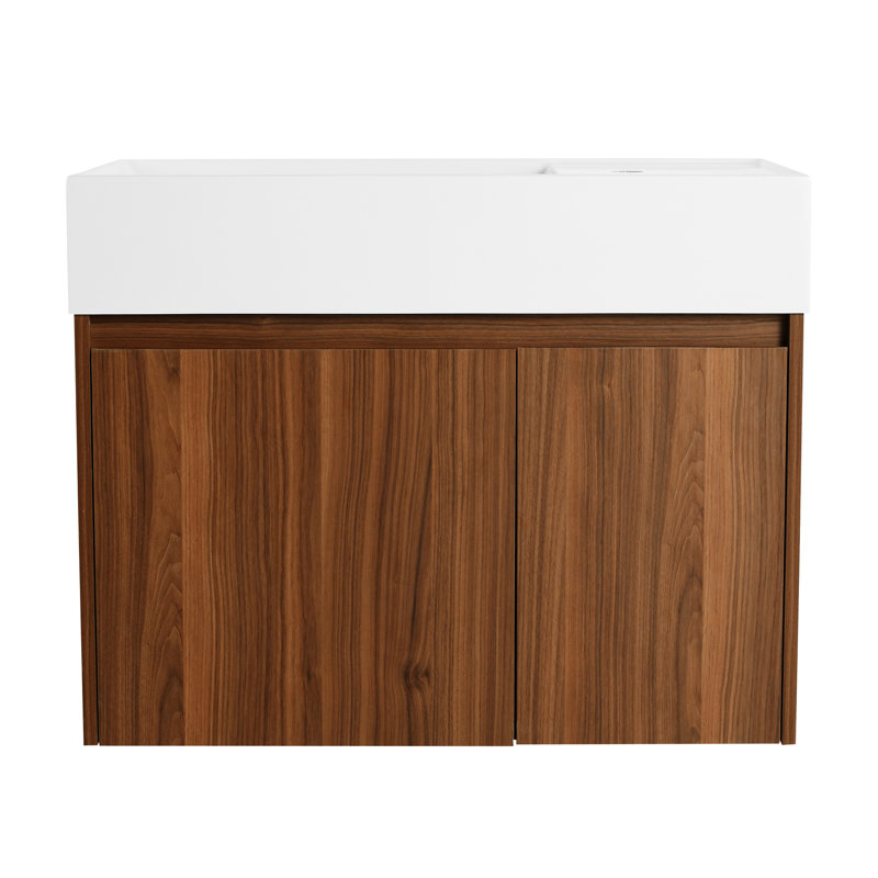 30" Bathroom Vanity Sink - Modern Appeal, Hinges, Plywood Build, Walnut Hue, Float Mounting, For Small Bath Areas Cabinet With 30 Inch Basin Style, Soft Close Feature, Coloring, Mounted, Compact Baths