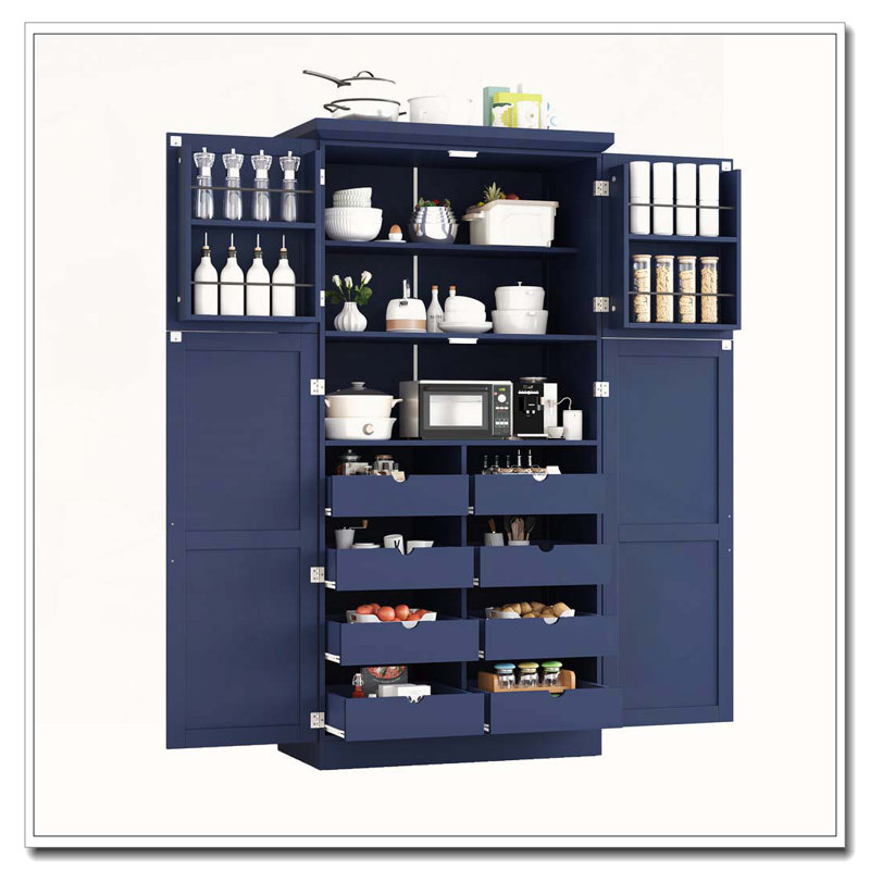 Grande armoire de rangement autoportante avec plateaux de cuisine, Bleu