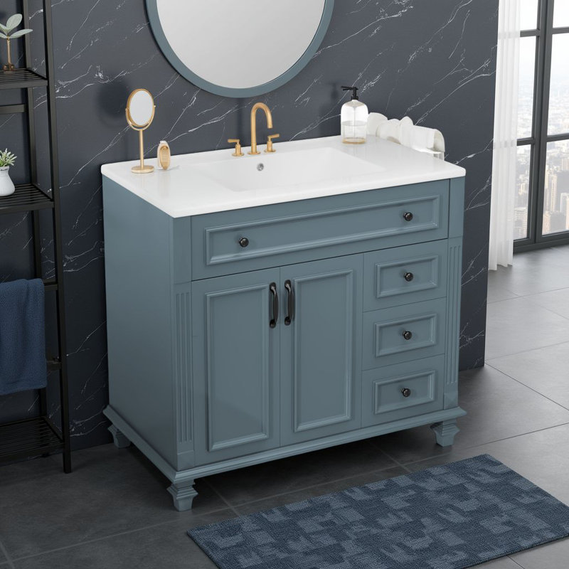 Meuble-lavabo autoportant de luxe - lavabo en céramique, tiroir rabattable et quincaillerie dorée?, Bleu