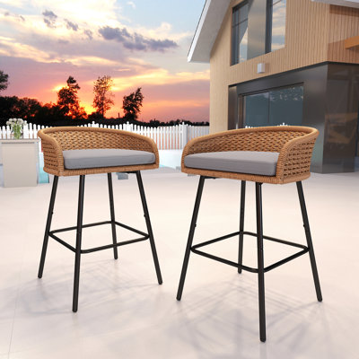 Outdoor Upholstered Bar Stools Set Of 2 With Removable Cushions Woven Counter Stools, Bar Height Patio Chairs For Garden Pool Lawn Backyard