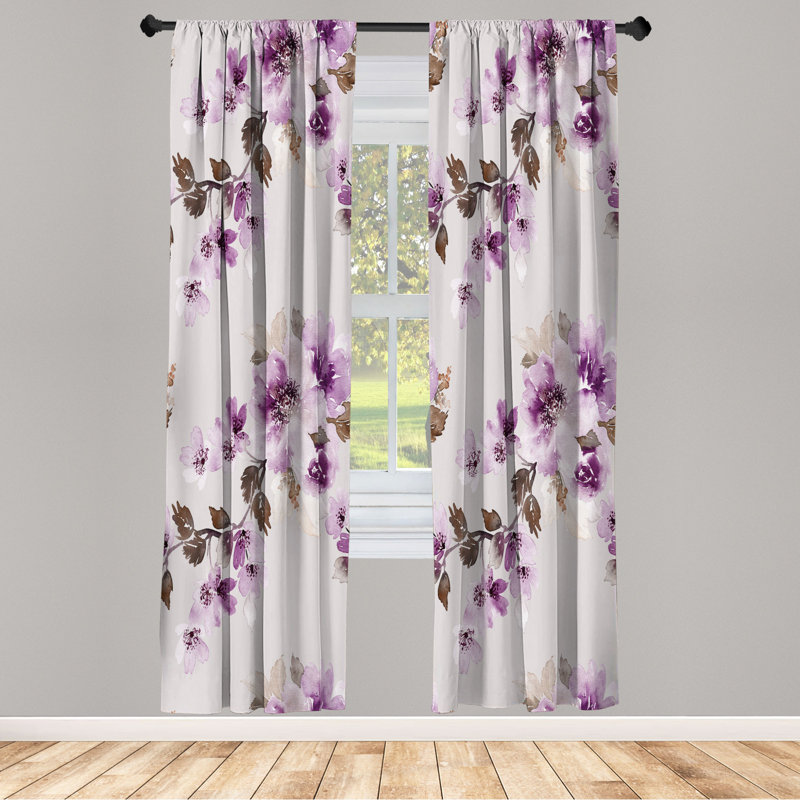 Microfiber Floral Semi-Sheer Rod Pocket Curtain Panels, 28" W x 95" L, White/Purple/Green