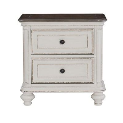 Traditional 2 Bedroom Nightstand In Antique White And Gray Hue Elegant Nightstand, Brown Top Finish, 2 Drawers, Ornamental