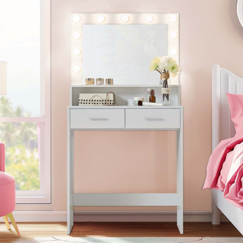 Vanity Desk with Mirror and Lights, Dressing Table with Large Drawer, White