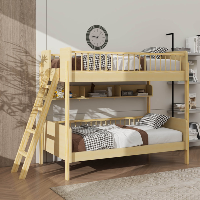 Lit superposé en bois de taille simple, livré avec 3 unités de rangement, Naturel
