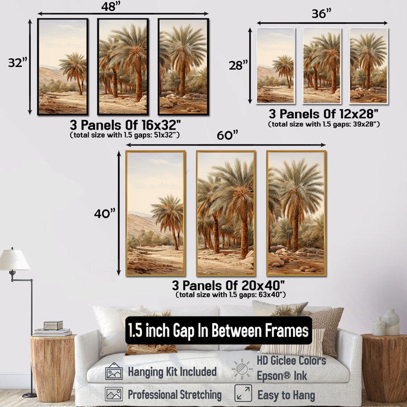 Palmier, désert, oasis - palmiers et palmiers, ensemble de salon d'art mural, H 40 po x l 60 po, Cadre flottant érable