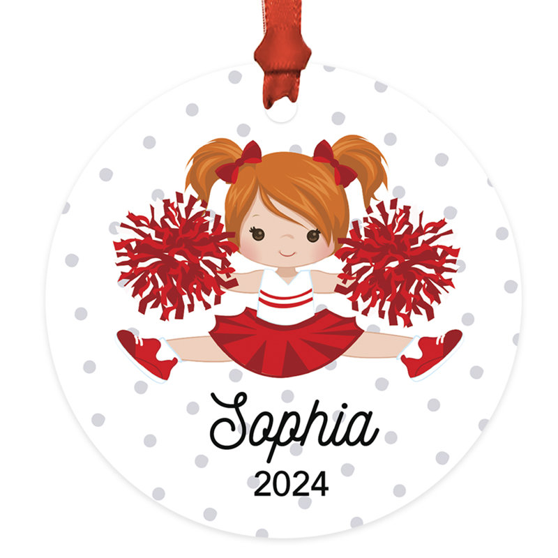 Ornement en forme de pom-pom Girl cheveux roux, nom personnalisé, décoration d'arbre de Noël, Oui