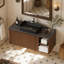 Meuble-lavabo mural brun noyer 36 po, armoire flottante moderne Mid-Century avec portes à lattes cannelées, comptoir en pierre frittée noire et vasque en céramique noire-626462343-610633025