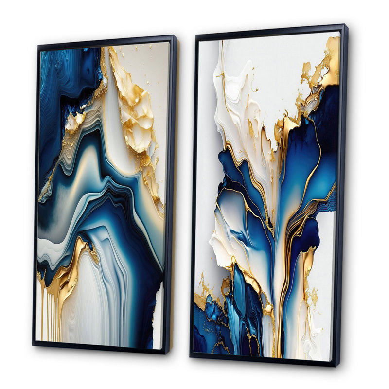 " Abstract Geode Gold And Blue Marble " - Glam wall art set - 2 Pieces on Canvas, Black Framed, 40" H x 40" W