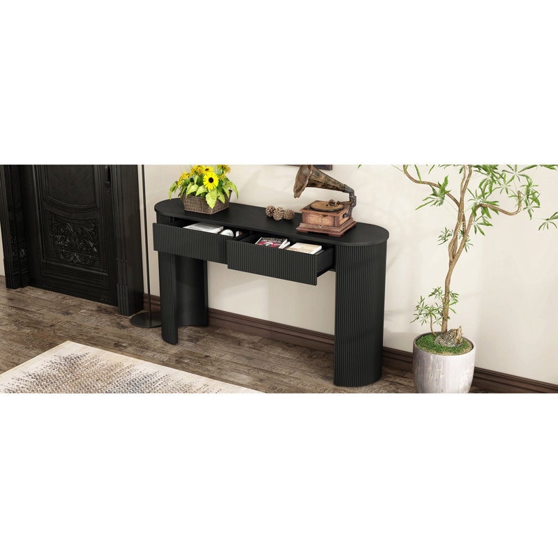 Table console moderne avec rangement, plateau ovale et 2 tiroirs, idéale pour l'entrée et le salon, avec un design cannelé et deux tiroirs de rangement.