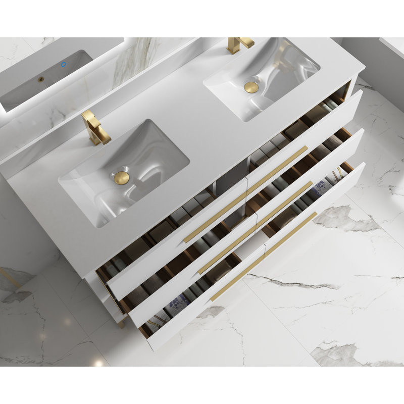 Meuble-lavabo double 60 "avec quincaillerie or brossé Genai