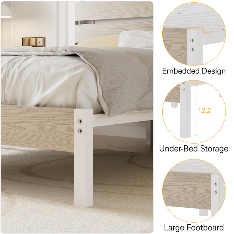 Ensemble de mobilier de chambre à coucher 3 pièces - Structure de lit plateforme en métal avec tête et pied de lit, ensemble de 2 tables de chevet en rotin avec 2 tiroirs, ensemble de lit de ferme moderne avec tables de bout