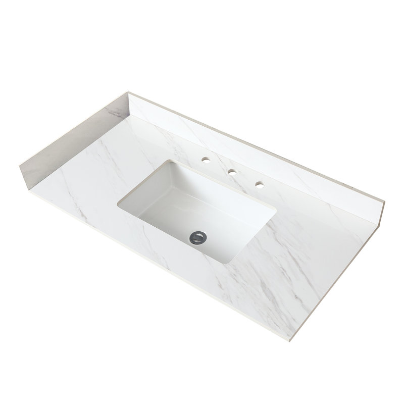 Plateau de meuble-lavabo en pierre frittée blanche de 43 pouces avec dosseret de 4 po et surface facile - dosseret, trou de robinet pré-percé, lavabo rectangulaire,