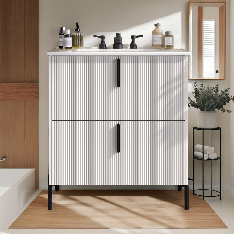 Meuble-lavabo avec lavabo en céramique Hurlburt, Blanc