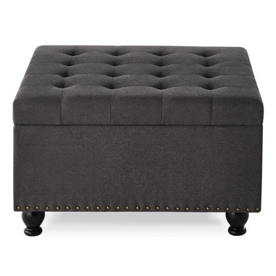 Versatile Square Storage With Linen Fabric And Wooden Legs, Dark Grey Gray