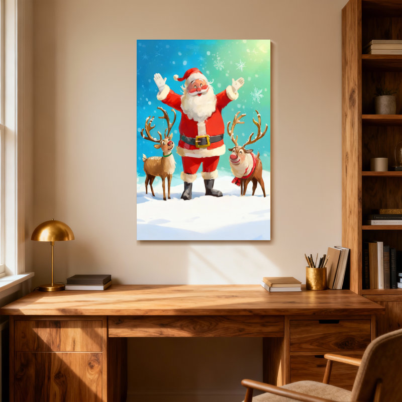 Père Noël avec des rennes dans une scène enneigée, H 18 po x l 12 po
