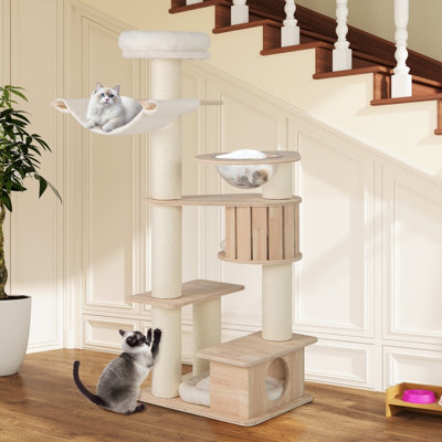Arbre à chat en bois autoportant de 175 cm avec perchoir supérieur et coussins lavables