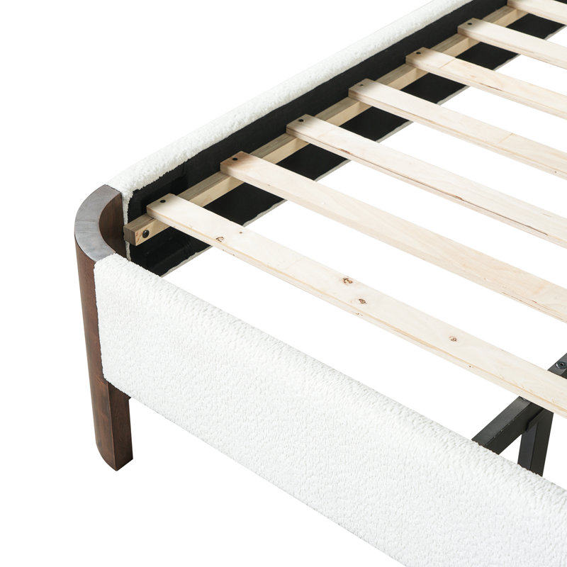 Lit plateforme tapissier Japonaise avec tables de chevet flottantes intégrées, Blanc et brun