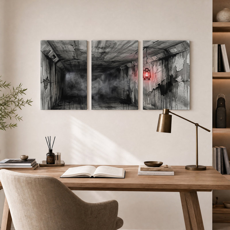 Ensemble de 3 toiles murales représentant une lanterne rouge suspendue dans un tunnel sombre et fissuré, 36"H x 24"W x 3pcs