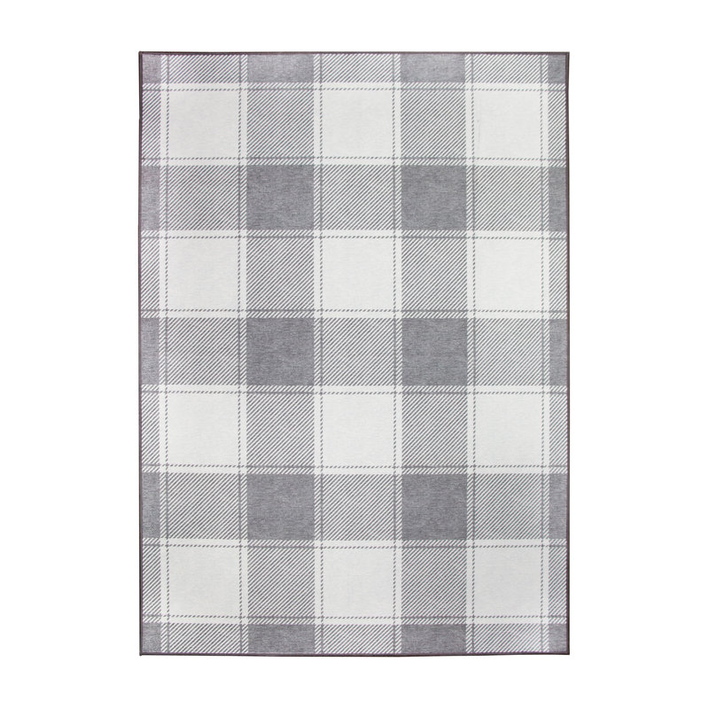 Buffalo Plaid Grey and White 5'x7' Synthetic Washable Rug