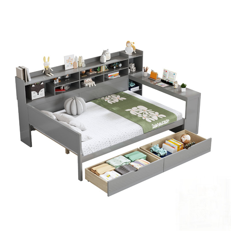 Lit de jour double en bois avec tablettes de rangement et bureau d'étude, lit multifonctionnel pour la vie moderne, Grey